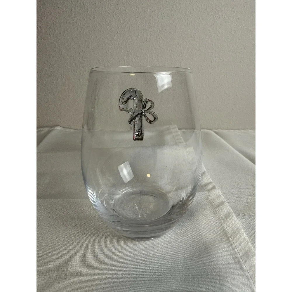 Clear Stemless Wine Glass, Christmas Holiday Candy Cane Decor, Bow Design